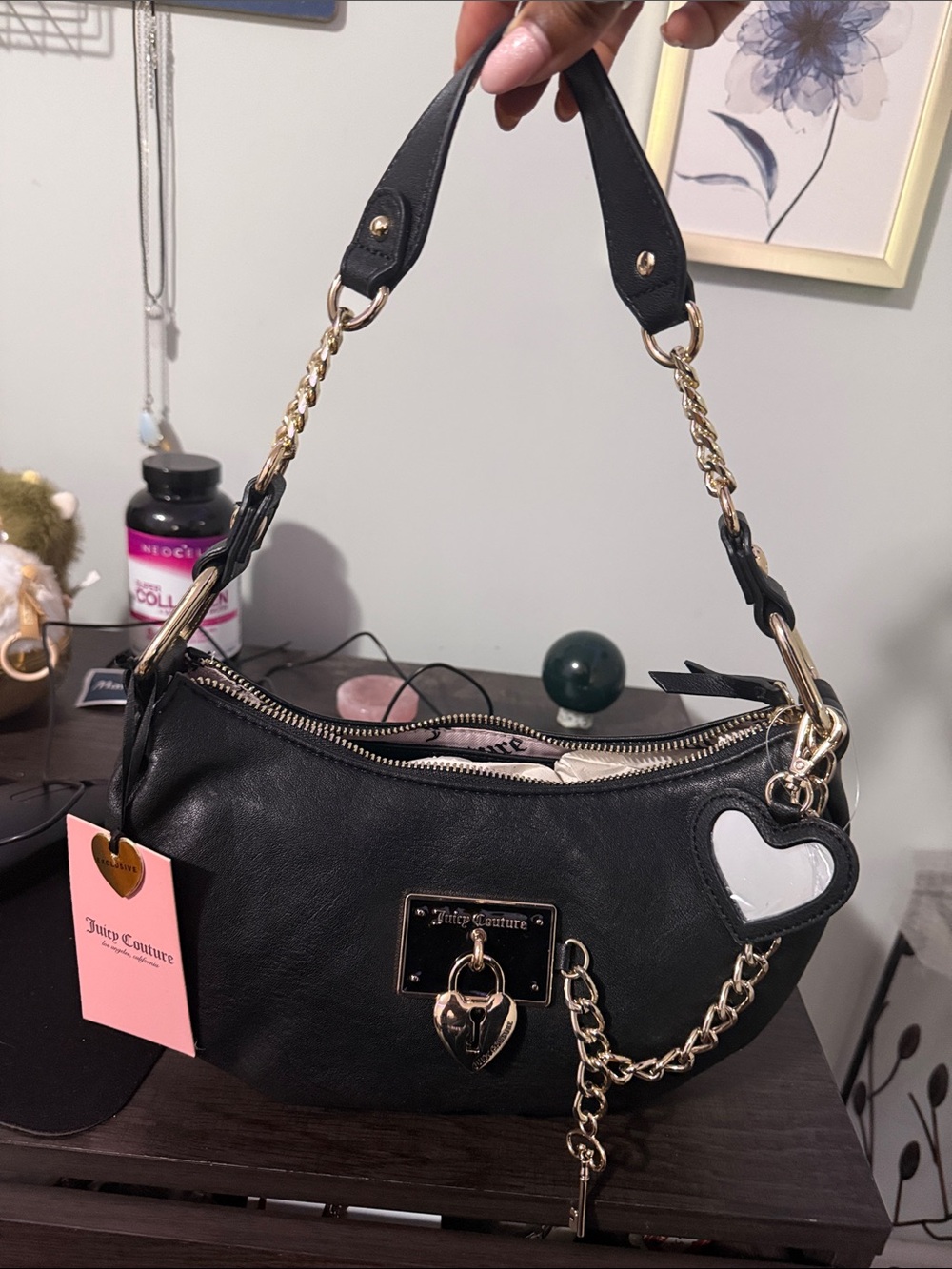 Juicy Couture Black Shoulder Bag with Gold Chain and Heart Charm